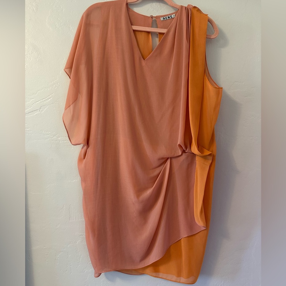 Acne Studios Mallory Contrast Chiffon Dress 6 Peach Orange Drape Cocktail Shift